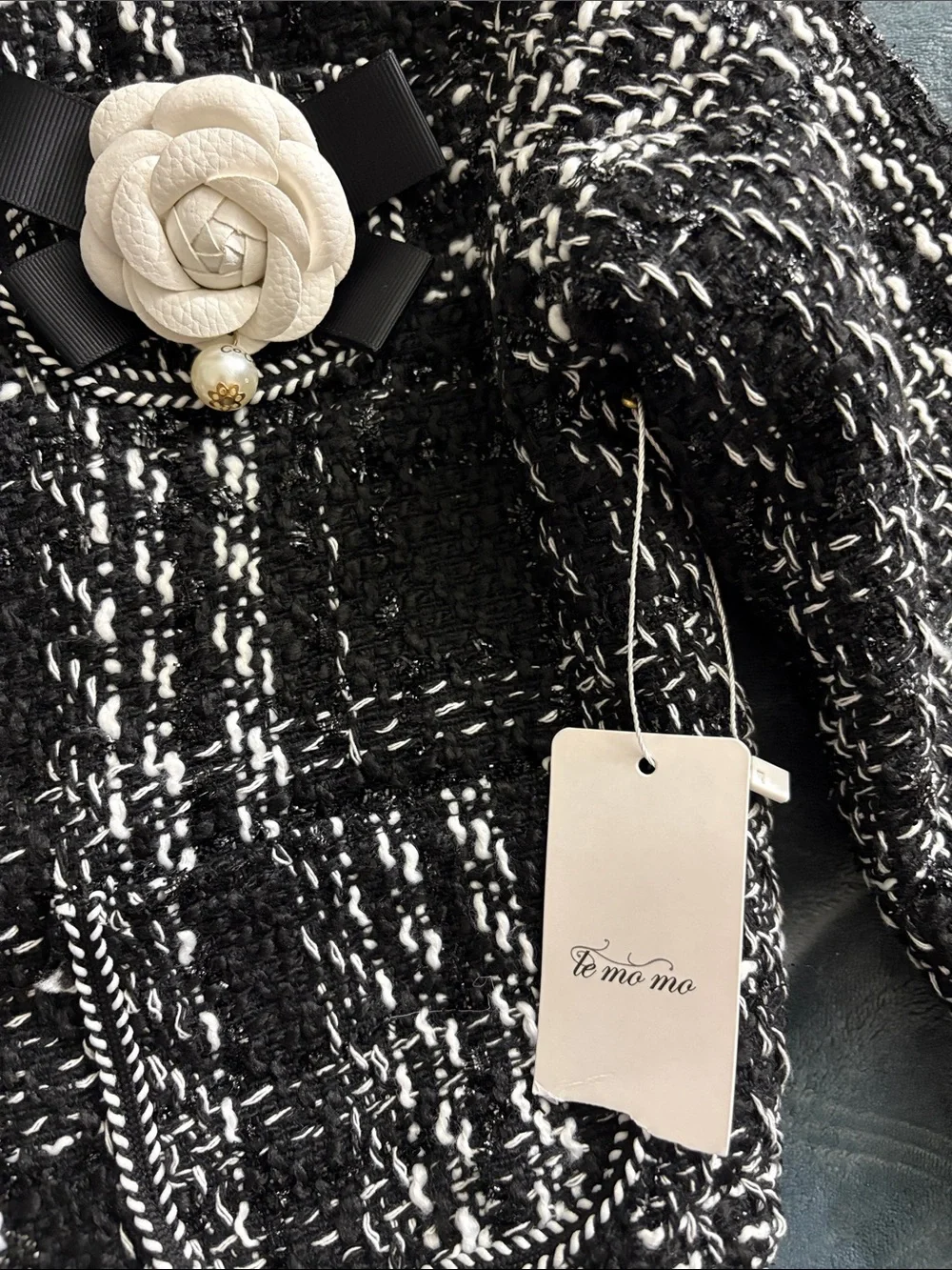 Girls Black & White Tweed Jacket with Floral Brooch
